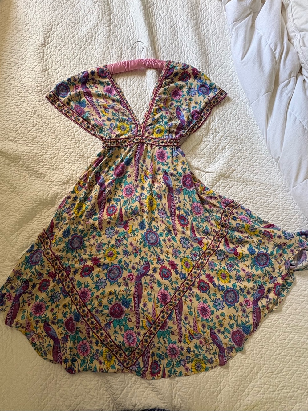 Floral V-Neck Boho Midi Dress in Cream and Pink